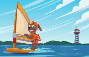 Cute Dog Surfing In The Sea In Patrol Suit vector