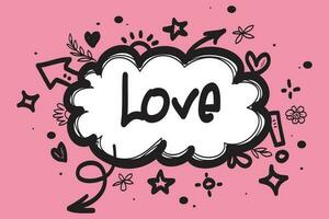 Cloud vector pink color illustration with branded word love and heart. Business abstract decorative background. Doodle line art style design with word branding.