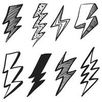 conjunto de ilustraciones de esbozo de símbolo de relámpago eléctrico de garabato vectorial dibujado a mano. icono de garabato de símbolo de trueno. vector