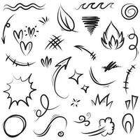 Conjunto de vectores de doodle de signo de expresión de dibujos animados dibujados a mano, flechas direccionales de curva, elementos de diseño de efectos de emoticonos, símbolos de emoción de personaje de dibujos animados, lindas líneas de trazo de pincel decorativo.