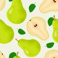 Seamless pattern of whole green pears and halves, green leaves. Ripe berries. Fruit picking. Vector illustration in a flat style for menu design, recipes.