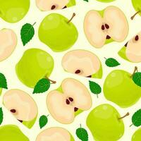 Seamless pattern of green apples and pieces, green leaves. Ripe berries. Fruit picking. Vector illustration in a flat style for menu design, recipes.