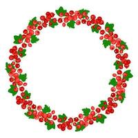 Round frame of red currant berries with green leaves. The concept of healthy eating. Ripe berries. Fruit picking. Vector illustration in a flat style.