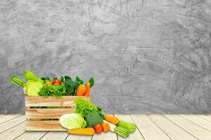 Banner design concept of fresh organic and vegetables on wooden table outdoors. photo