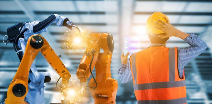 Engineering controlling machinery and industrial robots of things technology man using for control photo