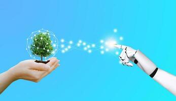 tree in human hand ecology and technology robotic hands photo