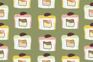 Seamless pattern with e sushi rolls with salmon and cream cheese. Contour background for fabric. Vector illustration. Vector