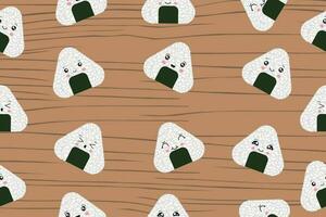 Seamless pattern with onigiri in kawaii style. Sushi in kawaii style. Cute cartoon onigiri with a face. Vector