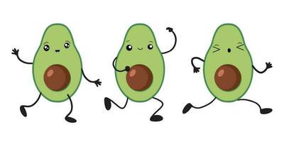 A set of avocados in the style of kawaii. Avocado fruits in a flat design. vector