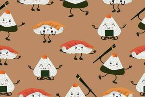 sin costura modelo de Sushi y onigiri diverso asiático cocina con kawaii emociones vector ilustración en dibujos animados estilo. vector