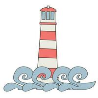 The icon of the lighthouse building and the sea waves. Coastal lighthouse lantern tower, vector navigation beacon. Sea voyage, tourist lighthouse