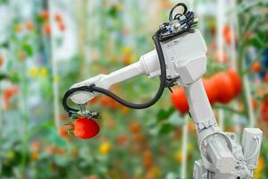 Smart robotic farmers harvest in agriculture futuristic robot automation to work technology increase efficiency photo