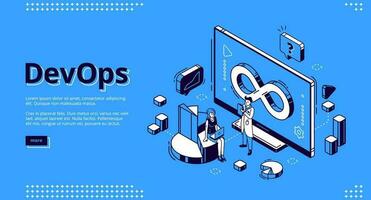 banner isométrico devops, desarrollo y operación. vector