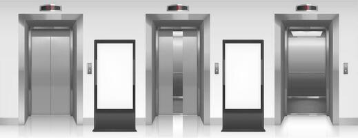 blanco vallas publicitarias y ascensor puertas en pasillo vector
