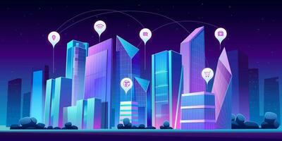 Smart city and infographic icons at night vector