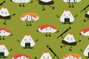 Seamless pattern of sushi and onigiri. Diverse Asian cuisine with kawaii emotions. Vector illustration in cartoon style. Vector