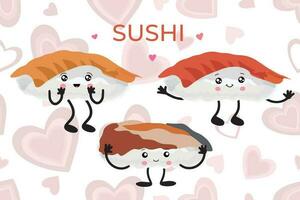 Kawaii Sushi seamless pattern. Vector background of cute sushi, rolls, sashimi with smiling face and pink cheeks in kawaii style. Japanese asian traditional food