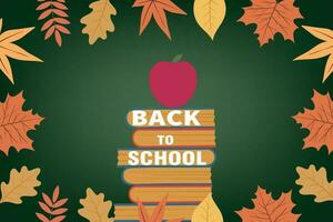 Background of bright autumn leaves, school books and back to school lettering. Vector illustration of autumn background