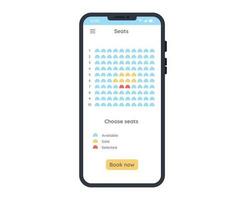 Effortless seat reservations streamlined smartphone booking for movie theaters and concerts. Movie seats booking smartphone interface. Online booking service app on smartphone vector