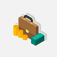 Briefcase, Dollar money cash icon, Gold coin stack left view White Stroke and Shadow icon vector isometric. Flat style vector illustration.