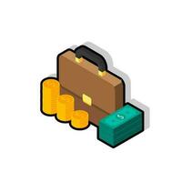 Briefcase, Dollar money cash icon, Gold coin stack left view Black Stroke and Shadow icon vector isometric. Flat style vector illustration.