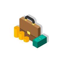 Briefcase, Dollar money cash icon, Gold coin stack left view Shadow icon vector isometric. Flat style vector illustration.