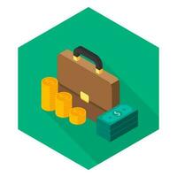 Briefcase, Dollar money cash icon, Gold coin stack left view icon vector isometric. Flat style vector illustration.