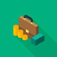 Briefcase, Dollar money cash icon, Gold coin stack left view icon vector isometric. Flat style vector illustration.