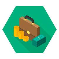 Briefcase, Dollar money cash icon, Gold coin stack left view icon vector isometric. Flat style vector illustration.