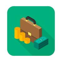 Briefcase, Dollar money cash icon, Gold coin stack left view icon vector isometric. Flat style vector illustration.