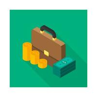 Briefcase, Dollar money cash icon, Gold coin stack left view icon vector isometric. Flat style vector illustration.