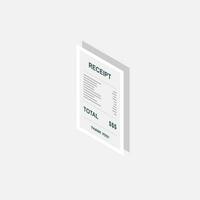 Receipt paper, bill check, invoice, cash receipt. White stroke and shadow design. Left view isometric icon. shop receipt or bill, atm check with tax or vat. vector