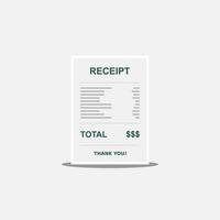 Receipt paper, bill check, invoice, cash receipt. White stroke and shadow design. Isolated icon. shop receipt or bill, atm check with tax or vat. vector