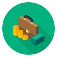 Briefcase, Dollar money cash icon, Gold coin stack left view icon vector isometric. Flat style vector illustration.