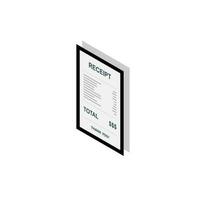 Receipt paper, bill check, invoice, cash receipt. Black stroke and shadow design. Left view isometric icon. shop receipt or bill, atm check with tax or vat. vector