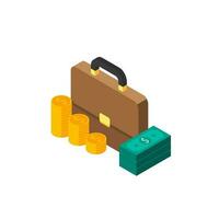 Briefcase, Dollar money cash icon, Gold coin stack left view White Background icon vector isometric. Flat style vector illustration.