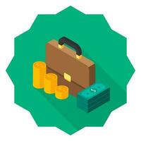 Briefcase, Dollar money cash icon, Gold coin stack left view icon vector isometric. Flat style vector illustration.
