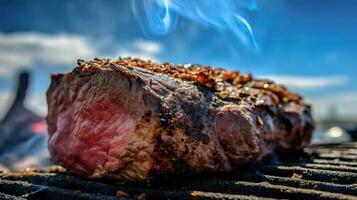 Juicy grilled beef tenderloin, cooked steak meat, food. Barbecue with smoke filet mignon. The meat is cooked, and fried over a fire with dark and provencal herbs. AI-generated image photo