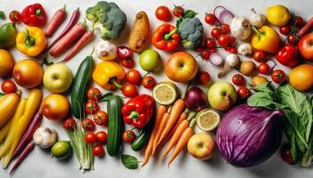 Lot of different colorful vegetables on white background. Healthy food flat lay. photo