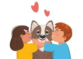 Beautiful flat cartoon illustration of a boy, girl and their dog. Children embracing a cute puppy on white background. Love, care, family, childhood concept illustration with children. vector