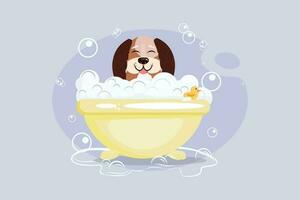 hermosa dibujos animados ilustración con perro tomando un bañera en amarillo bañera en púrpura antecedentes. aseo, Lavado, mascota cuidado, mascota salón concepto ilustración con un adorable cachorro. vector