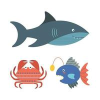 Set of marine elements fish, shark, crab in flat cartoon style. vector