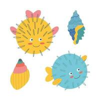 Set of marine elements of fish, puffer fish, shells in flat cartoon style. vector