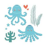 Set of marine elements octopus, seaweed in flat cartoon style. vector