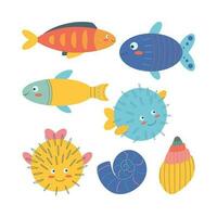 Set of marine elements of fish, puffer fish, shells in flat cartoon style. vector