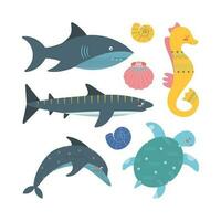 Set of marine elements fish, dolphin, shark, shells, turtle, seahorse. vector