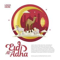 Eid Al Adha Social Media Banner Template With Sacrifice Animal On Cloud and Crescent Moon Lantern Mosque Background vector