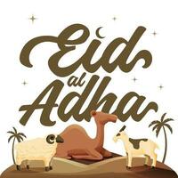 Simple Eid Al Adha Calligraphy Banner With Sacrifice Animal and Palm Tree Background vector