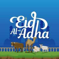 sencillo eid Alabama adha caligrafía bandera con sacrificio animal y mezquita antecedentes vector