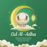 Eid Al Adha Banner With Sacrifice Sheep On Top of Cloud Crescent Moon Lantern Background vector
